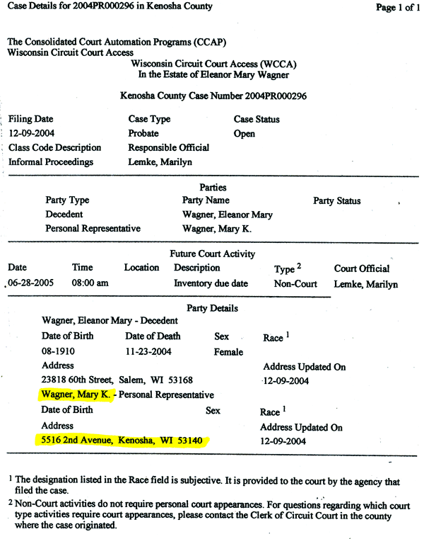 estate document of Mary K. Wagner